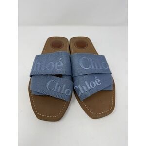 Chloe Woody Mule Blue Flat Logo Canvas Women Slide Sandals Size 38